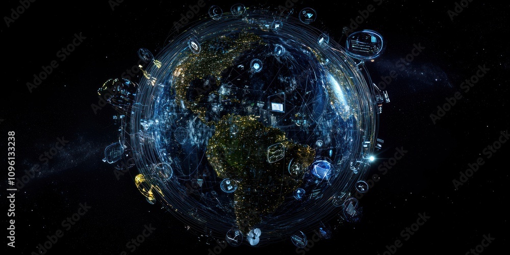 Aufkleber A digital representation of Earth surrounded by floating data bubbles, symbolizing connectivity.
