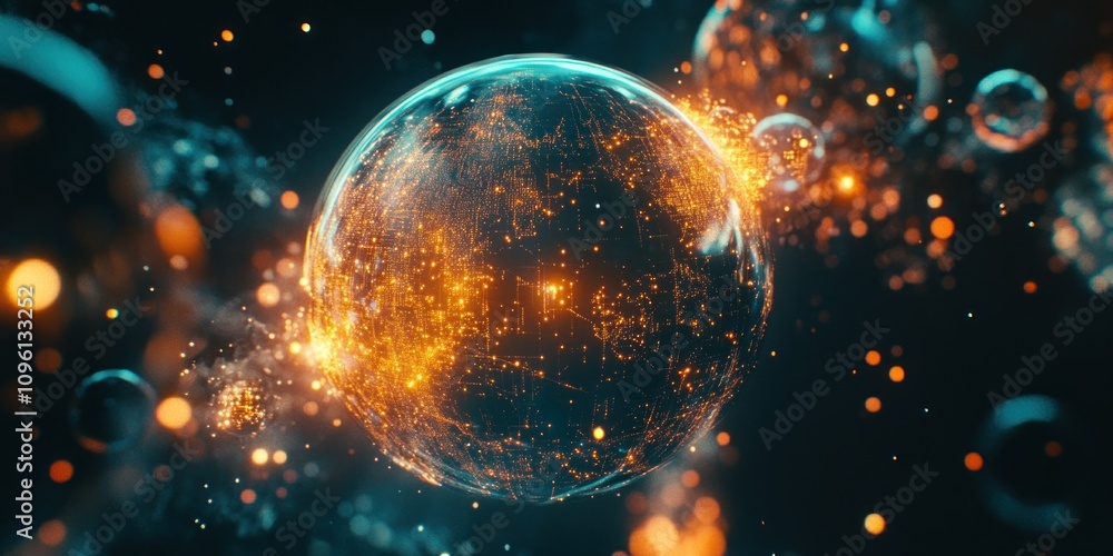 Poster a vibrant, abstract representation of a glowing sphere amidst particles and bubbles.