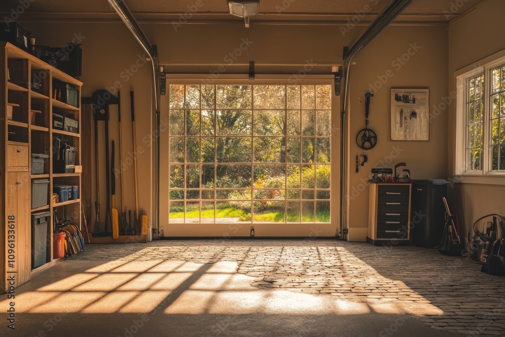 Poster A spacious garage with tools and a view of a garden, illuminated by soft sunlight.