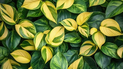 Vibrant arrangement of green and yellow leaves creating a lush plant background with ample space for text or graphics.