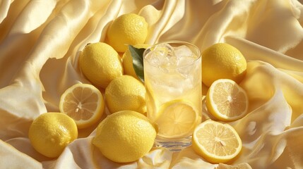 Refreshing lemonade in a glass with ice, surrounded by whole and sliced fresh lemons on a soft yellow fabric backdrop.
