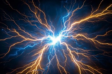 Bright blue heart-shaped lightning bolt on dark background with burst of orange and yellow bolts, creating dynamic energy.