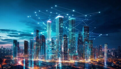 Fototapeta premium Modern City Skyline at Night with Futuristic Design and Glowing Network Effect, Abstract Digital Illustration on Adobe Stock