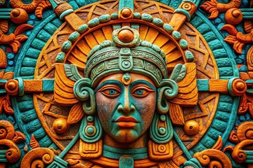 Obraz premium Mayan Deity Stone Carving - Vibrant Minimalist Art