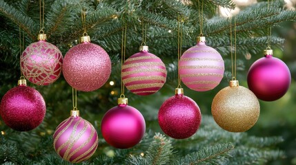 Vibrant pink and gold Christmas ornaments hanging gracefully from a lush evergreen tree, showcasing various sparkling finishes and elegant designs.