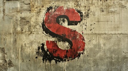 Bold red letter S spray-painted in grunge style on distressed concrete wall, featuring drips and texture that enhance its urban aesthetic.