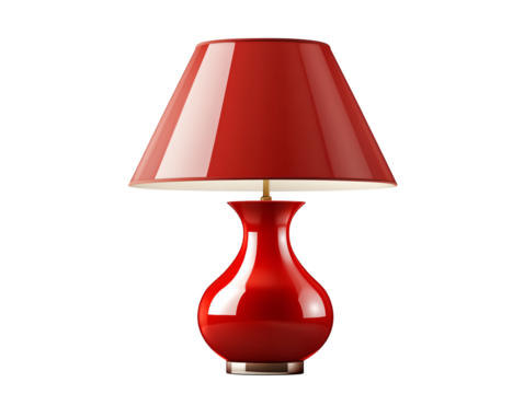 a red lamp with a white shade