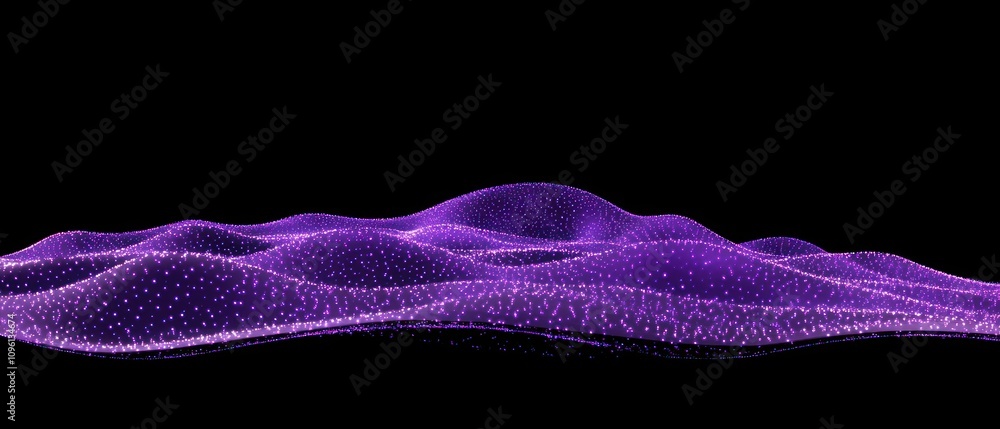 Poster abstract visualization of flowing purple waves with dotted patterns against a black background.