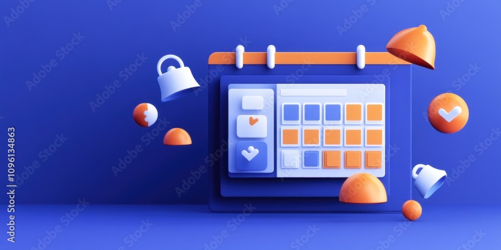 Poster A 3D illustration of a calendar interface with interactive icons and shapes.