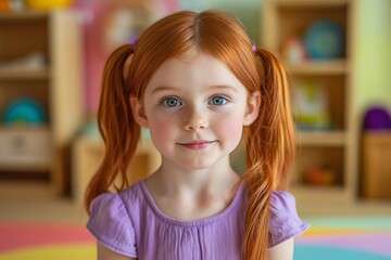 Adorable young girl in colorful playroom smiling with joy and innocence, ideal for childcentric content, family themes, and playful environments