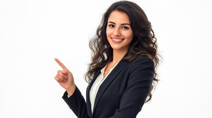 Fototapeta premium Happy confident young woman leader standing isolated on white presenting business ads. Smiling professional businesswoman manager wearing suit looking at camera pointing at copy space.