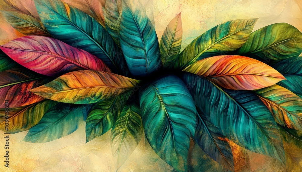 Poster dreamy abstract tropical leaves overlapping in colorful harmony, creating dimension and depth in eth