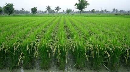 Close-up view reveals rice plants flourishing in various growth stages surrounded by lush greenery and a peaceful countryside setting