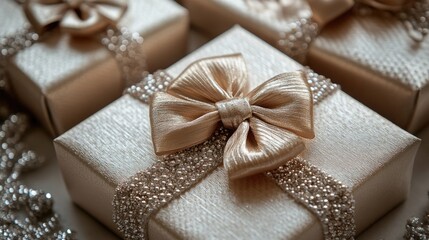 Elegant gold Christmas gift boxes adorned with shimmering bows and decorative accents, perfect for festive celebrations and holiday aesthetics.
