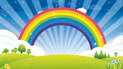 Wandcirkels Geel Colorful landscape with a rainbow field background kids child. Round product display podium on landscape background with a rainbow and mushrooms for baby and kid in pastel tone colors. 3D rendering  © designhunt