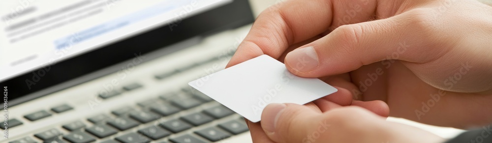 Poster a hand holds a blank card above a laptop keyboard, suggesting data entry or identification.