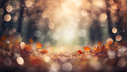 Blurred Autumn Nature Background Featuring Warm Fall Colors, Soft Bokeh Effects, and a Bright Central Light Source Highlighting Seasonal Vibes and Tranquility in a Dreamlike Scene