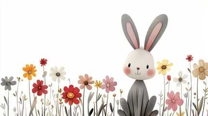 Obraz premium Cute rabbit among colorful flowers, white background