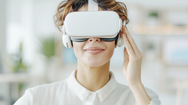 smiling Caucasian researcher engineer woman using virtual reality headset for VR in the future with gadgets technology in office and learning of science center