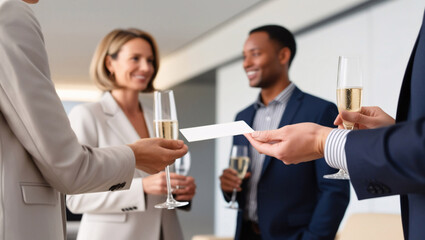 a businessperson handing their business card to a potential client, symbolizing networking and professional relationship-building in a formal business setting