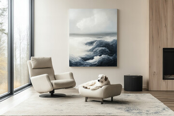 Adorable dog lounging on a stylish armchair in a cozy modern living room, showcasing elegance, comfort, and homey interior decor for a relaxed atmosphere