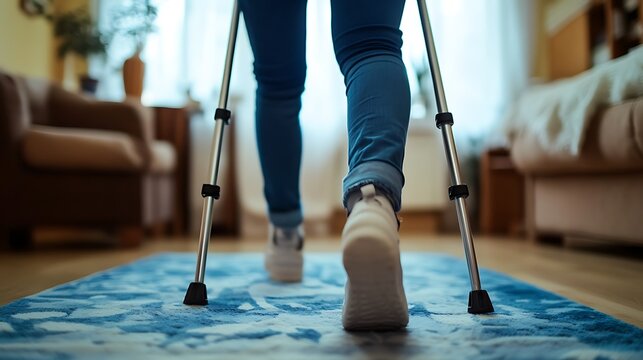 Close up of person walking with crutch