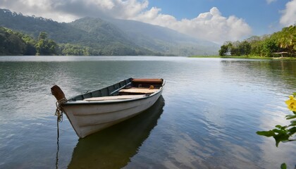 Fototapeta premium Serene View of a Boat on a Tranquil Lake Surrounded by Scenic Landscapes, Featuring Calm Waters and Picturesque Reflections Under a Softly Lit Sky for a Relaxing and Peaceful Atmosphere