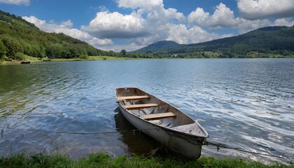 Serene Boat on a Tranquil Lake at Sunset with Vibrant Reflections and Natural Scenery Capturing the Beauty of Calm Waters, Idyllic Landscapes, and the Peaceful Atmosphere of Outdoor