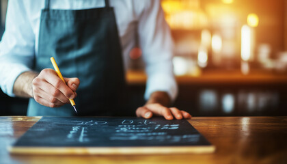 barista writing on chalkboard menu in cozy cafe, showcasing creativity and attention to detail. warm ambiance enhances inviting atmosphere