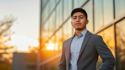 Fototapeta premium Confident Hispanic man in urban setting at sunset depicts success
