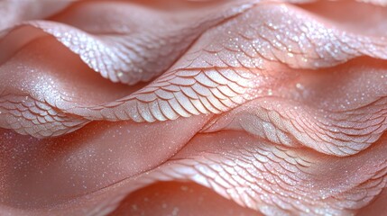 Fototapeta premium Pink shimmering textile fabric with an intricate design resembling mermaid fish scales, showcasing wavy patterns and a sparkling finish.