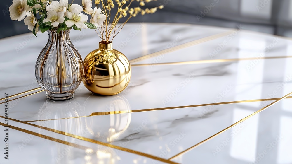 Poster modern minimalist patterns featuring thin gold lines on a white marble base.