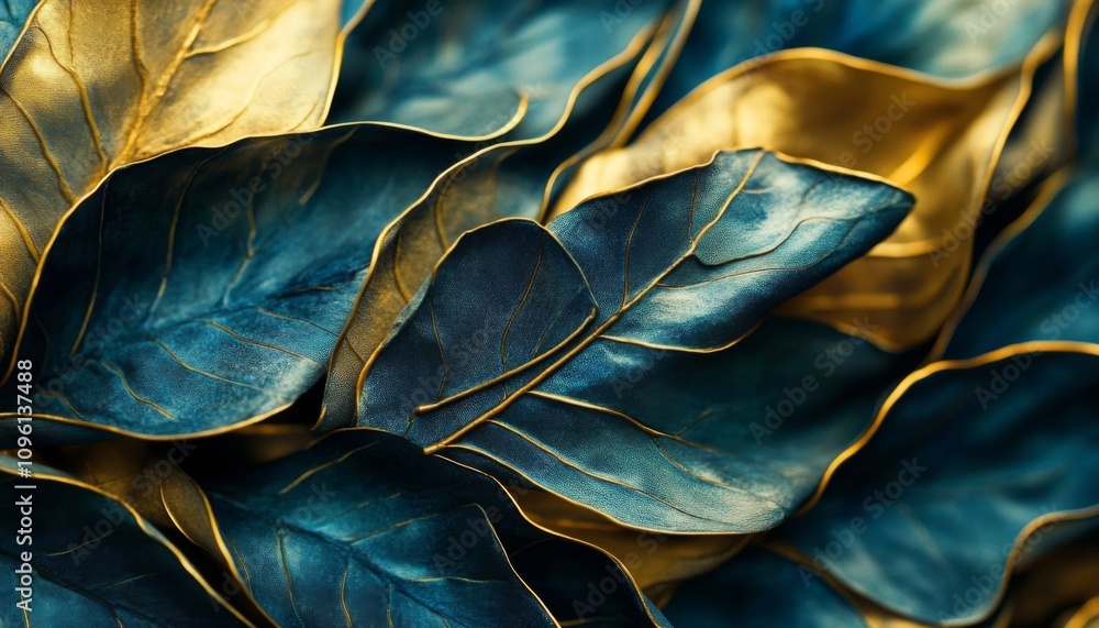 Poster Close-up of dark blue glossy leaves arranged in a scattered manner with curled edges, creating depth and texture.