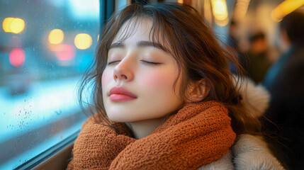 Serene young woman sleeping peacefully against a window on a bus or train, wrapped in a warm scarf during a winter commute
