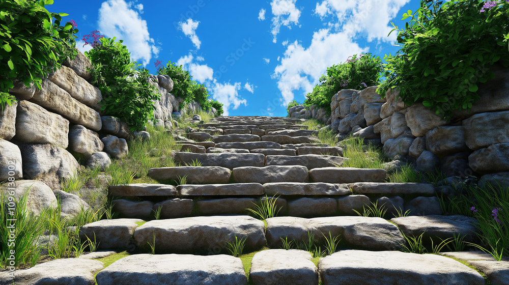 Poster Old-world stone staircase leading up to an empty sky