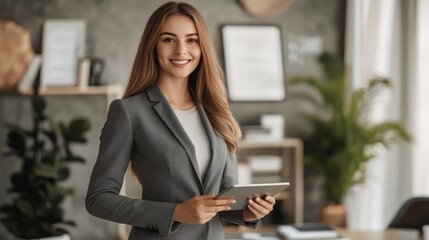 Fototapeta premium Confident young woman in office setting signifies accomplishment and success