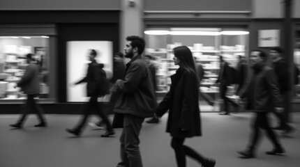 Fototapeta premium An urban scene with blurred figures of people walking down the street