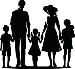 Family silhouettes. Father and mother walking with children
