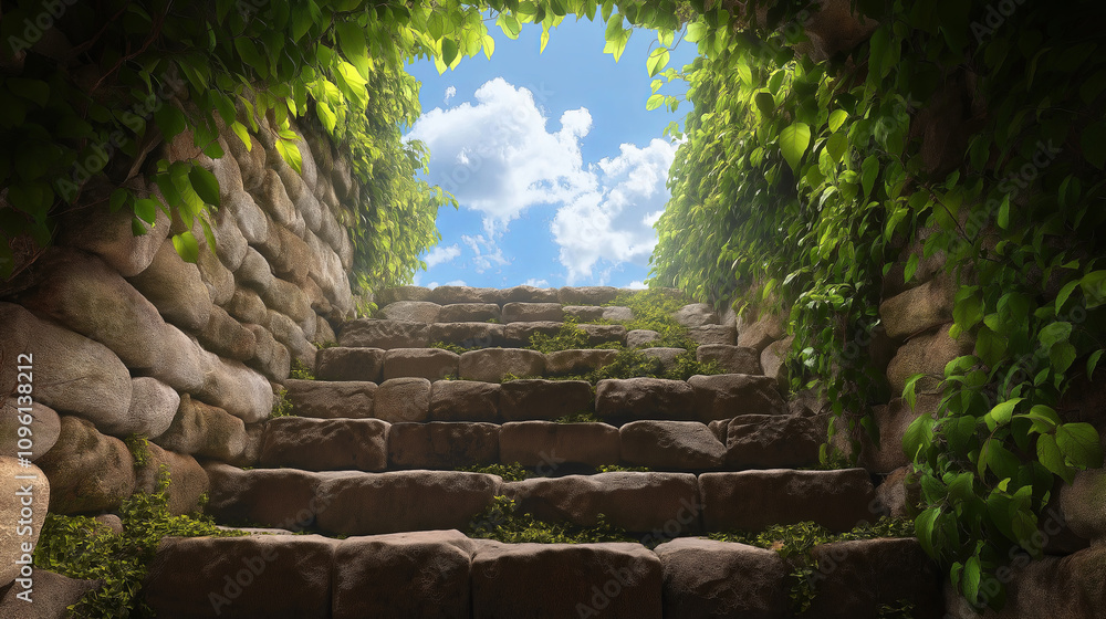 Poster old-world stone staircase leading up to an empty sky