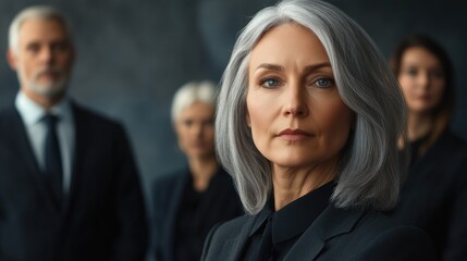 Obraz premium Confident middle-aged businesswoman with grey hair in a tailored suit, flanked by colleagues in a professional setting, exuding leadership and determination.