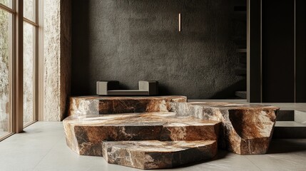 Natural stone podium in a minimalist showroom, featuring layers of textured stone and a dark backdrop for product displays.