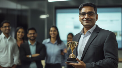 Middleaged South Asian man  team celebrate project success