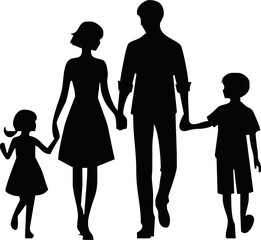 Family silhouettes. Father and mother walking with children