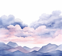 Serene watercolor landscape features soft pastel hues, misty mountains, fluffy clouds, and a tranquil sky at sunrise.