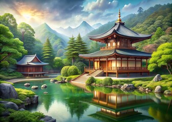 Fototapeta premium Serene Landscape View of a Traditional Buddhism Temple Surrounded by Nature, Illustrated in a Pattern for Decorative Cards with Japanese and Chinese Influences