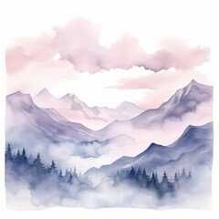 Ethereal watercolor mountain landscape showcases pastel hues, misty peaks, serene clouds, evergreen forests, and a dreamy atmosphere.