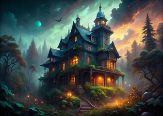 Spooky Drone Shot Haunted House AI Illustration, Aerial View