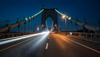 Fototapeta premium The foreground shows the bridge's structure, with its steel cables, girders, and roadway. The roadway is blurred due to the long exposure, creating a sense of movement