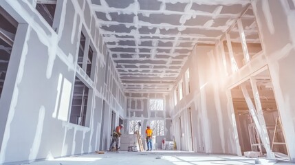 Construction site with workers applying drywall in a partially finished building.