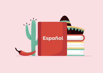 Spanish book surrounded with cuctus, sombrero, pepper. Foreign language study concept. Text "Espa&ntilde;ol" in Spanish language means "Spanish". Vector illustration in flat style.